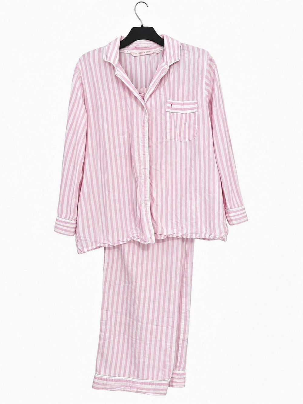 Victoria's Secret Flannel Long Pajama Set Pink & White Striped size medium